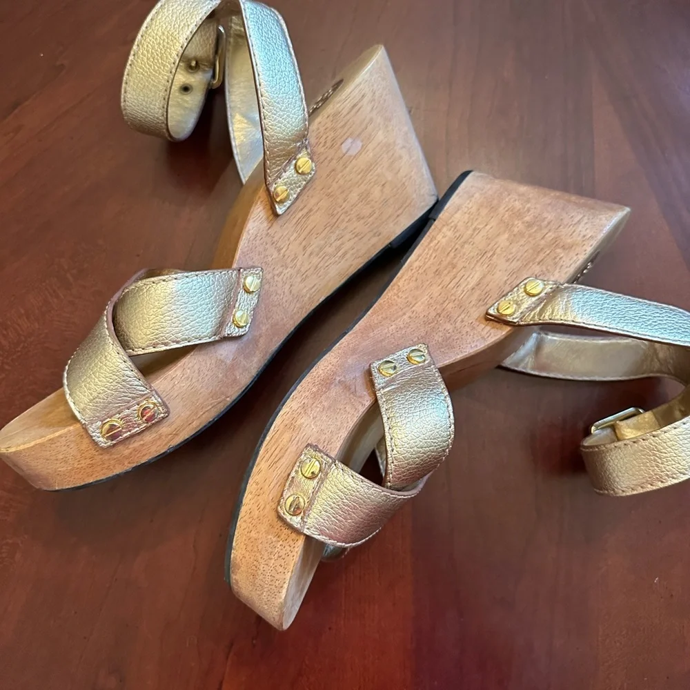 Tory Burch Gold Ridley Sandal with Wood Platform EUC - Picture 6 of 7